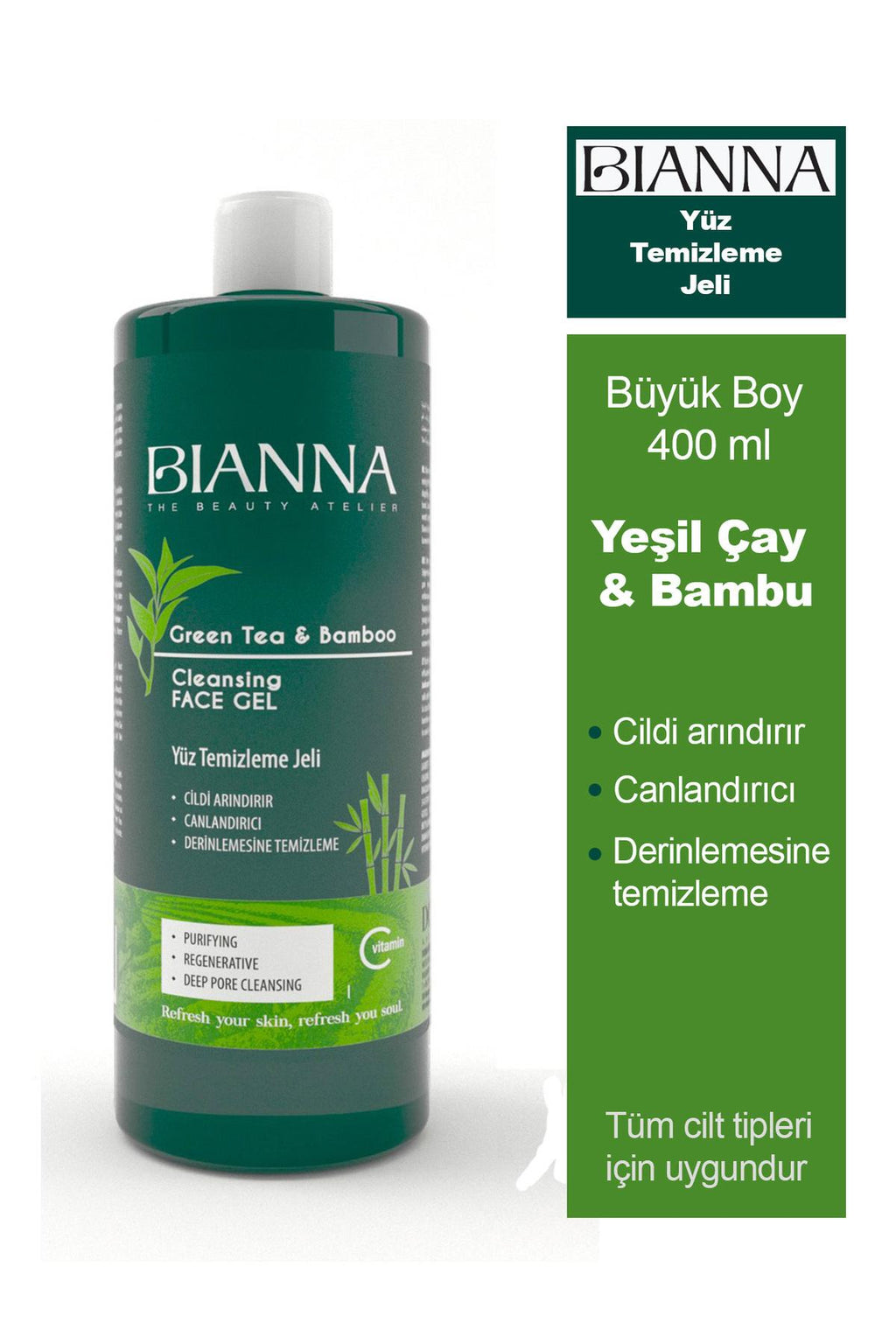 Bianna Green Tea and Bamboo Extract Facial Cleansing Gel 400 ml with Vitamin C